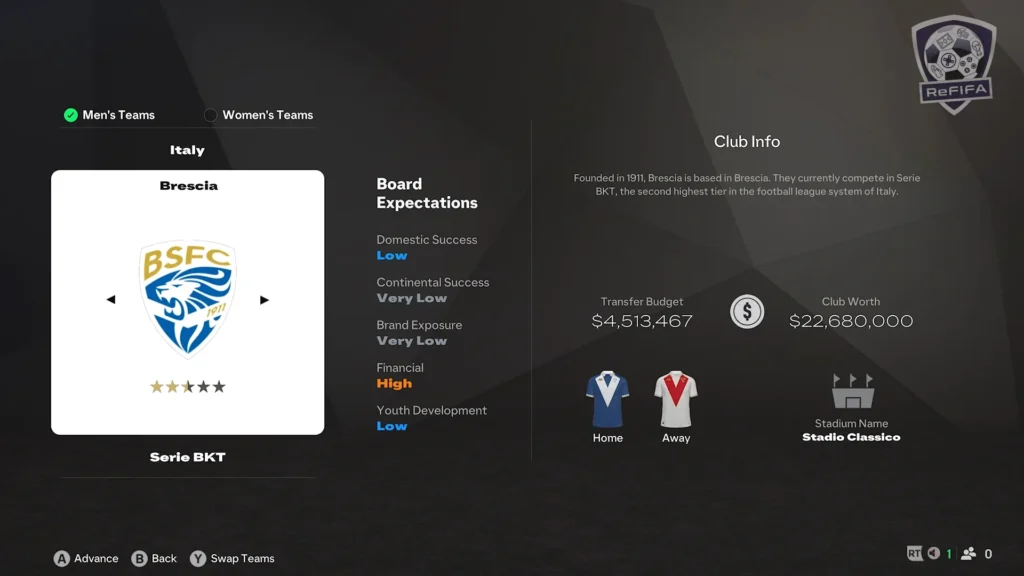 EA FC 25 Brescia in Career Mode