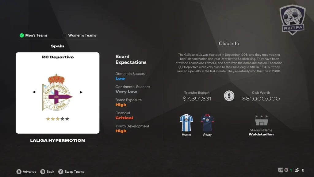 EA FC 25 Deportivo de La Coruña in Career Mode