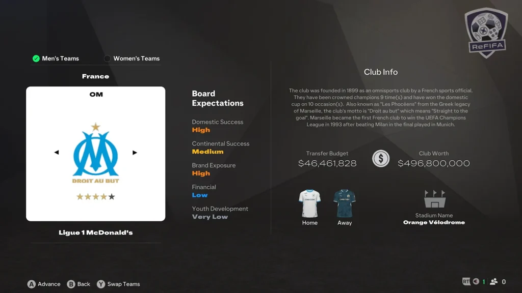 EA FC 25 Olympique de Marseille in Career Mode