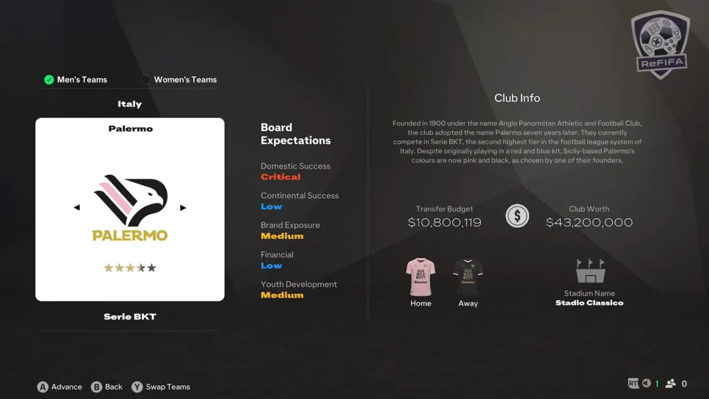 EA FC 25 Palermo in Career Mode