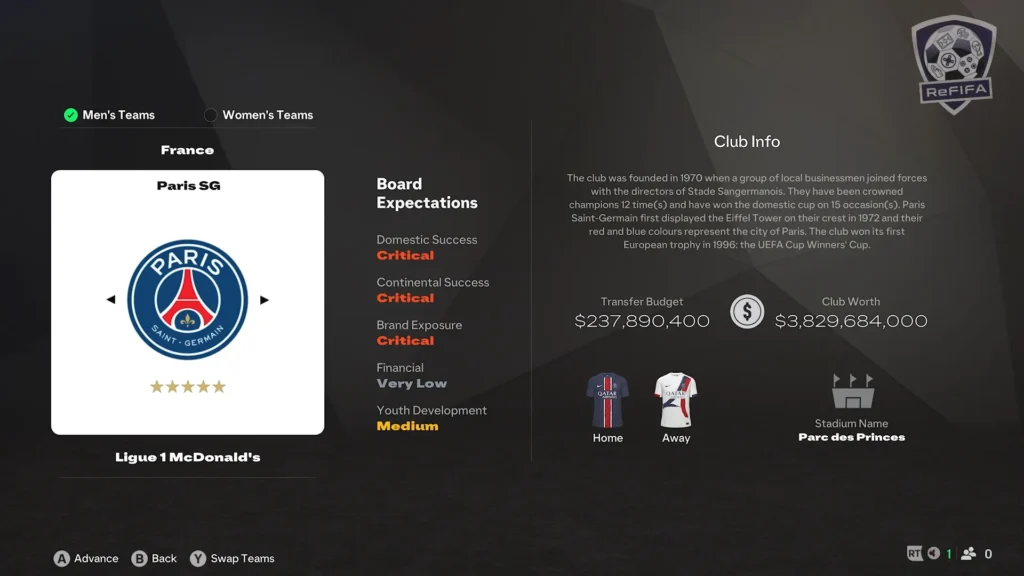 EA FC 25 Paris Saint Germain in Career Mode