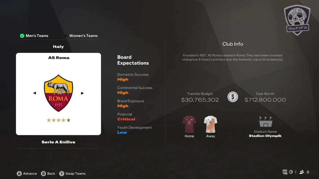 EA FC 25 Roma in Career Mode