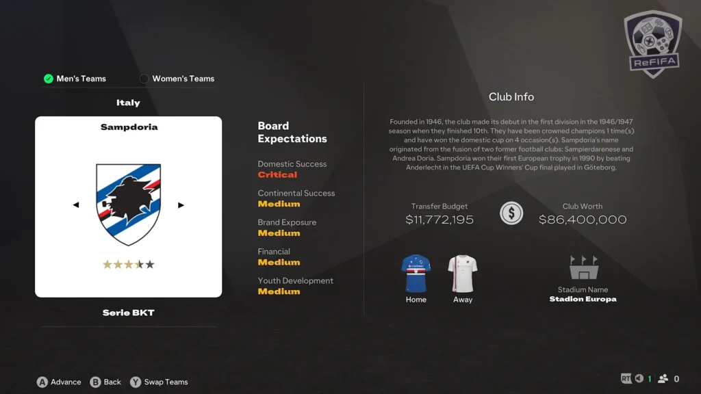 EA FC 25 Sampdoria in Career Mode