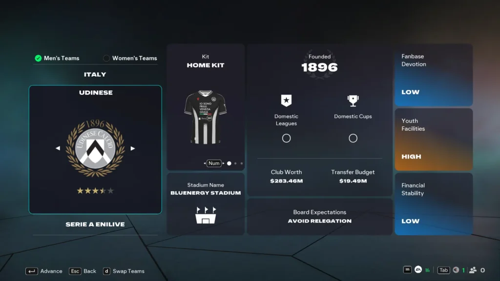 EA FC 26 Udinese in Career Mode