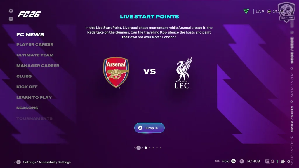 EA FC 26 Career Mode Snapshot Arsenal vs Liverpool